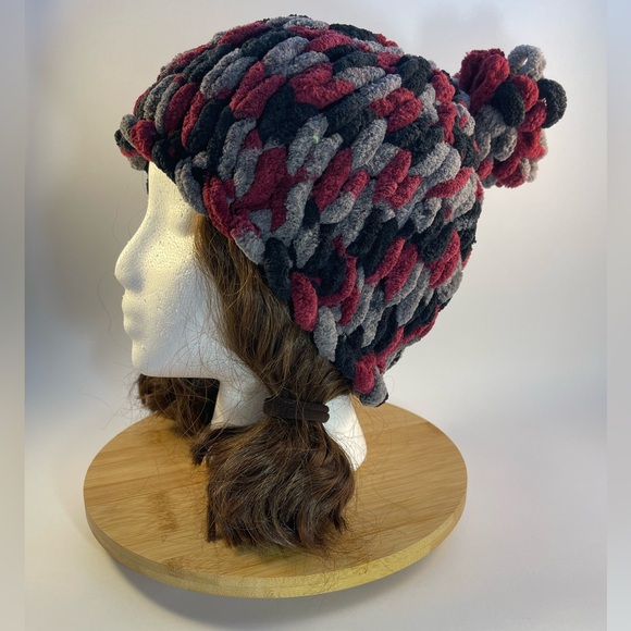Handmade Kid’s Soft & Cozy Winter Hat With Loopy Pom-Pom - Cranberry/Gray/Black - Picture 5 of 9